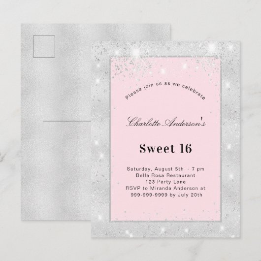 Sweet 16 party zilverkleurige roze glitter uitnodiging briefkaart (Voorkant / Achterkant)