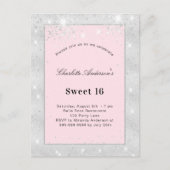 Sweet 16 party zilverkleurige roze glitter uitnodiging briefkaart (Voorkant)