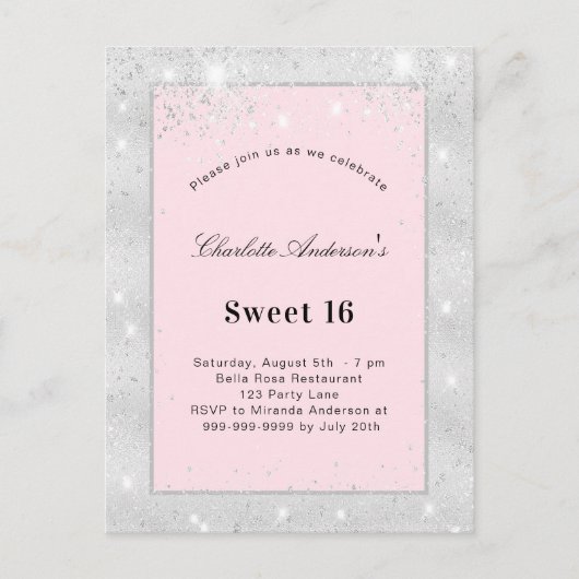 Sweet 16 party zilverkleurige roze glitter uitnodiging briefkaart (Voorkant)