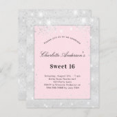 Sweet 16-party zilverkleurige, roze uitnodiging vo (Voorkant / Achterkant)