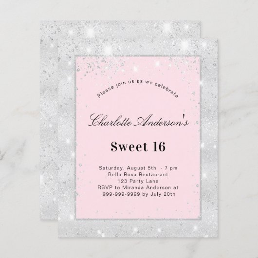 Sweet 16-party zilverkleurige, roze uitnodiging vo (Voorkant / Achterkant)
