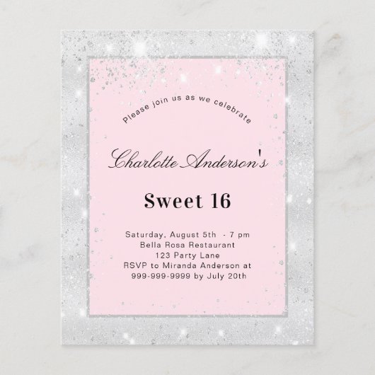 Sweet 16-party zilverkleurige, roze uitnodiging vo (Voorkant)