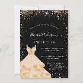 Sweet 16 party zwart goud glitter jurk kaart (Voorkant)