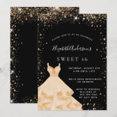 Sweet 16 party zwart goud glitter jurk kaart (Voorkant / Achterkant)
