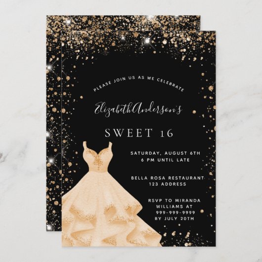 Sweet 16 party zwart goud glitter jurk kaart (Voorkant / Achterkant)