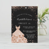 Sweet 16-party zwarte roos goudglitter jurk kaart (Staand voorkant)
