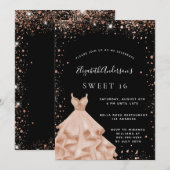 Sweet 16-party zwarte roos goudglitter jurk kaart (Voorkant / Achterkant)