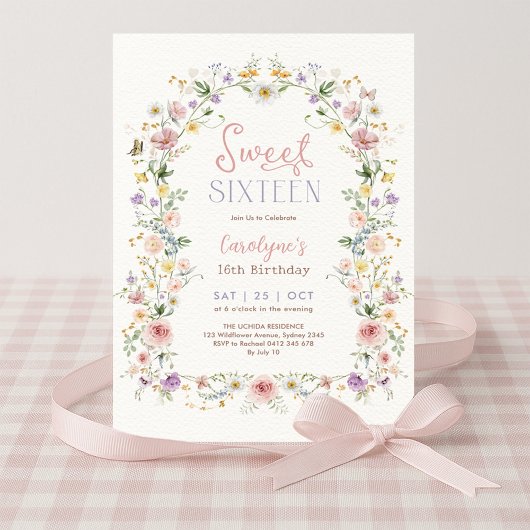 Sweet 16 Pastel Floral Meadow Birthday Party Kaart