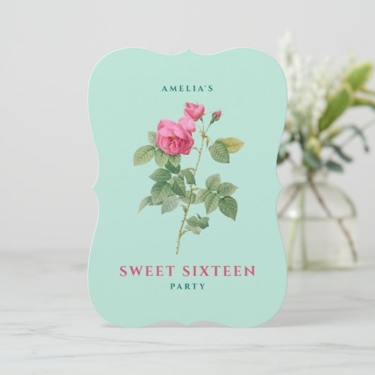 Sweet 16 Pastel Roze en Groen Roos Bloemen Kaart (Staand voorkant)