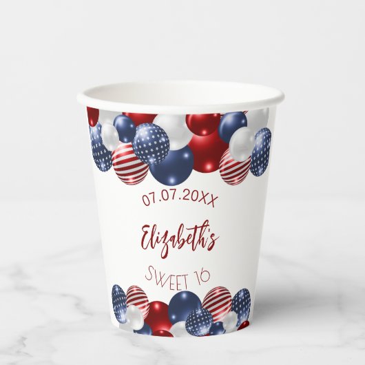 Sweet 16 patriottische USA rode witte blauwe vlag Papieren Bekers (Voorkant)