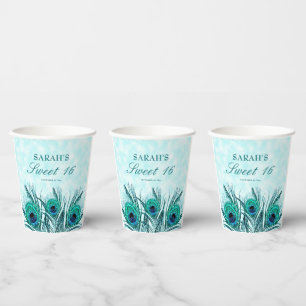 Sweet 16 Pauwveren Blauw Turquoise Glitters Papieren Bekers