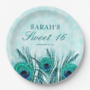 Sweet 16 Pauwveren Blauw Turquoise Glitters Papieren Bordje