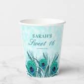 Sweet 16 Peacock Feathers Blue Blauwgroen Glitter Papieren Bekers (Achterkant)