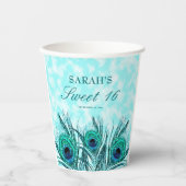 Sweet 16 Peacock Feathers Blue Blauwgroen Glitter Papieren Bekers (Voorkant)