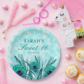 Sweet 16 Peacock Feathers Blue Blauwgroen Glitter Papieren Bordje (Feest)