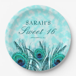 Sweet 16 Peacock Feathers Blue Blauwgroen Glitter Papieren Bordje