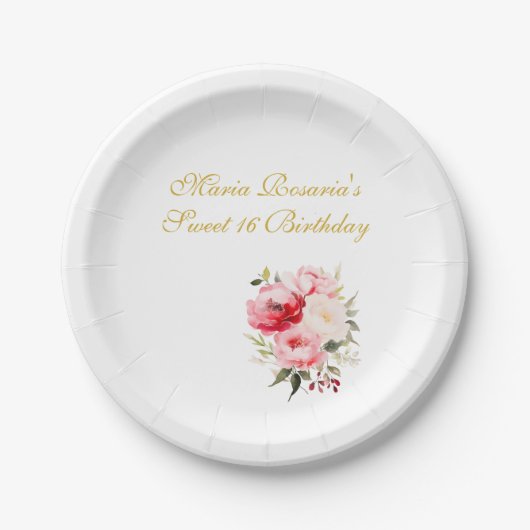 Sweet 16 Personalized Floral Tableware Papieren Bordje (Voorkant)