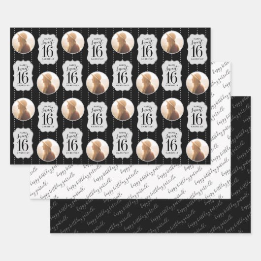 Sweet 16 Persoonlijke foto en naam zwart wit Inpakpapier Vel (Set)