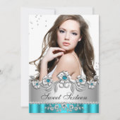 Sweet 16 Photo Blauwgroen Blue Silver Diamond Jewe Kaart (Voorkant)