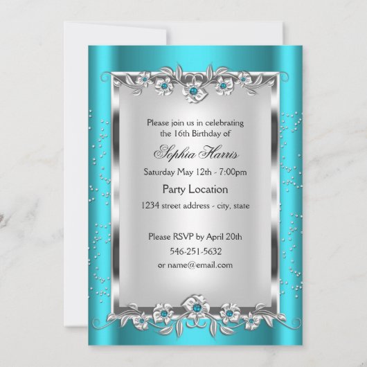 Sweet 16 Photo Blauwgroen Blue Silver Diamond Jewe Kaart (Achterkant)