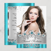 Sweet 16 Photo Blauwgroen Blue Silver Diamond Jewe Kaart (Voorkant / Achterkant)