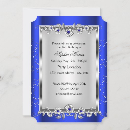 Sweet 16 Photo Royal Blue Silver Diamond Jewel Kaart (Achterkant)