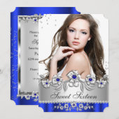 Sweet 16 Photo Royal Blue Silver Diamond Jewel Kaart (Voorkant / Achterkant)