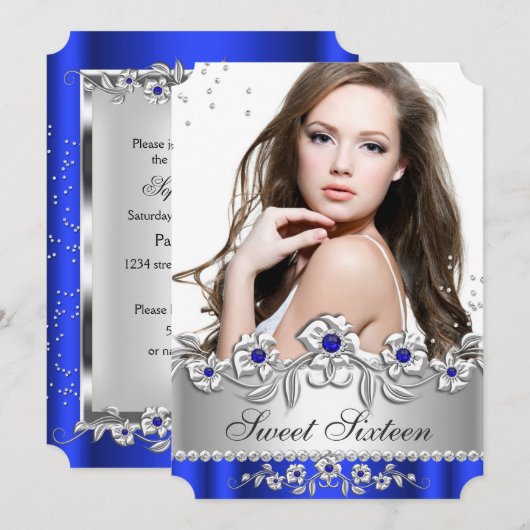 Sweet 16 Photo Royal Blue Silver Diamond Jewel Kaart (Voorkant / Achterkant)