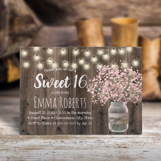 Sweet 16 Pink Baby's Breath Floral Jar Barn Wood Kaart