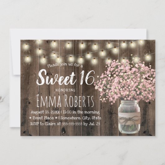 Sweet 16 Pink Baby's Breath Floral Jar Barn Wood Kaart (Voorkant)
