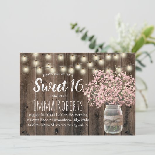 Sweet 16 Pink Baby's Breath Floral Jar Barn Wood Kaart (Staand voorkant)