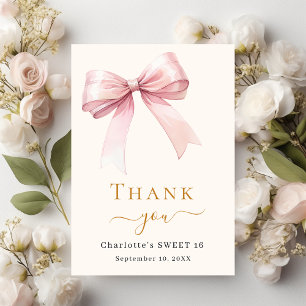 Sweet 16 pink bow cream bedankkaart