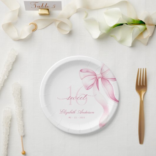 Sweet 16 Pink Bow Paper Plates Papieren Bordje (Huwelijk)