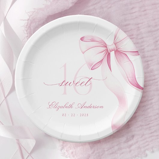 Sweet 16 Pink Bow Paper Plates Papieren Bordje