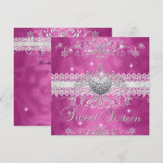 Sweet 16 Pink Glitter Tiara Lace Heart Kaart (Voorkant / Achterkant)