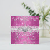 Sweet 16 Pink Glitter Tiara Lace Heart Kaart (Staand voorkant)