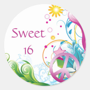 Sweet 16 Pink Peace Sign Tropical Floral Birthday Ronde Sticker