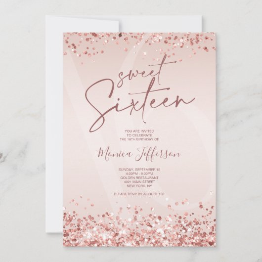 Sweet 16 Pink Rose Gold Uitnodiging (Voorkant)