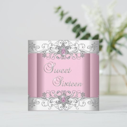 Sweet 16 Pink Silver White Diamond Afbeelding Part Kaart (Staand voorkant)