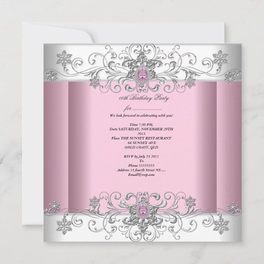 Sweet 16 Pink Silver White Diamond Afbeelding Part Kaart (Achterkant)