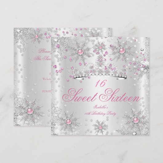  Sweet 16 Pink White Winter Wonderland Kaart (Voorkant / Achterkant)