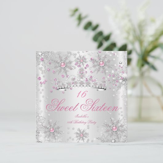  Sweet 16 Pink White Winter Wonderland Kaart (Staand voorkant)