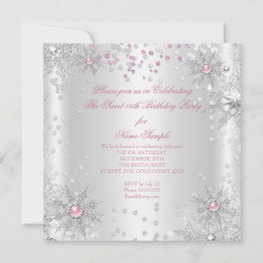  Sweet 16 Pink White Winter Wonderland Kaart (Achterkant)