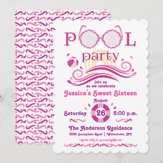 Sweet 16 Pool Party Invitation Kaart (Voorkant / Achterkant)