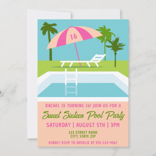 Sweet 16 Pool Party Tropisch zwembad Kaart (Voorkant)
