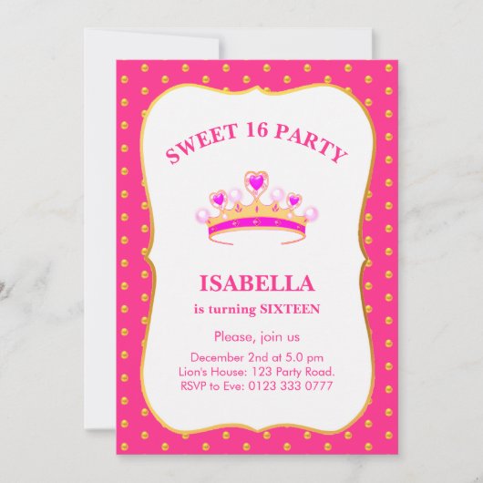 Sweet 16 Princess Crown Birthday Party Kaart (Voorkant)
