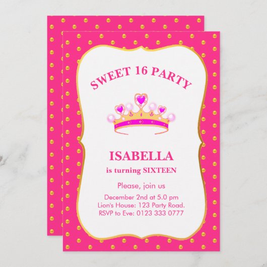 Sweet 16 Princess Crown Birthday Party Kaart (Voorkant / Achterkant)