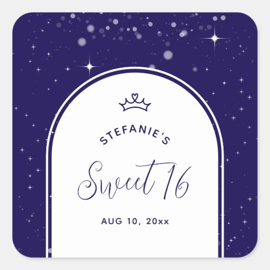 Sweet 16 Princess Tiara Crown Navy Blue Birthday Vierkante Sticker (Voorkant)
