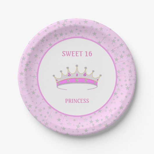 Sweet 16 Princess Tiara & Stars Confetti Papieren Bordje (Voorkant)