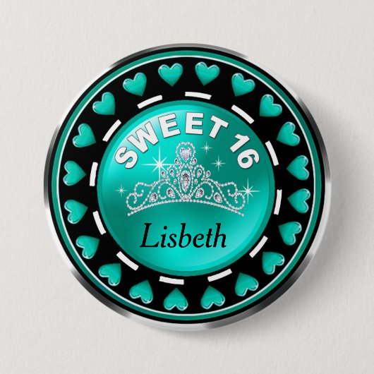 Sweet 16 prinses Tiara Love Hearts | aqua Ronde Button 7,6 Cm (Voorkant)
